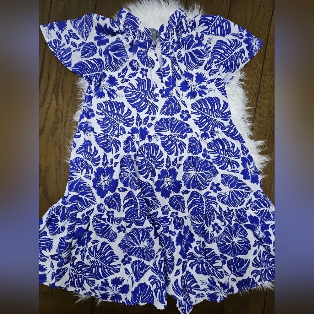 Tropical Blue Leaf Print Mini Dress